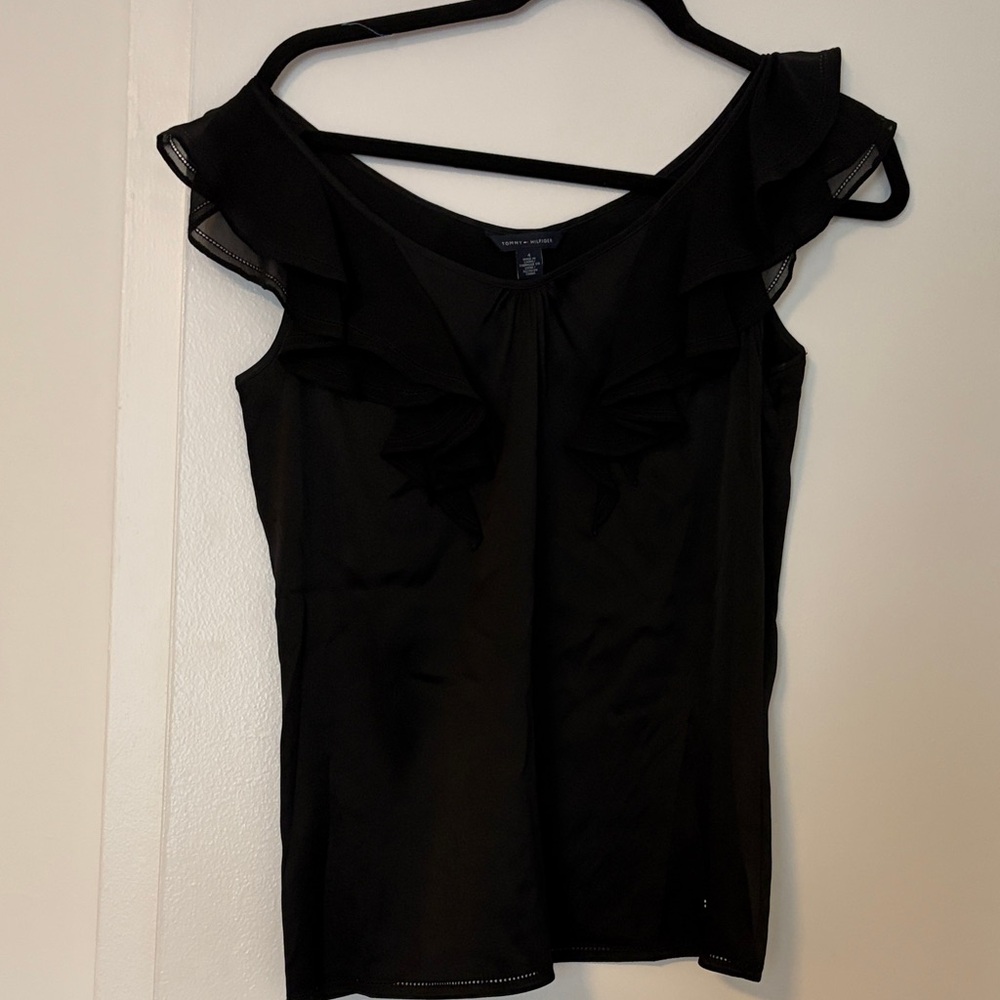 Black Ruffle silk blend Cap Sleeve Women's Top